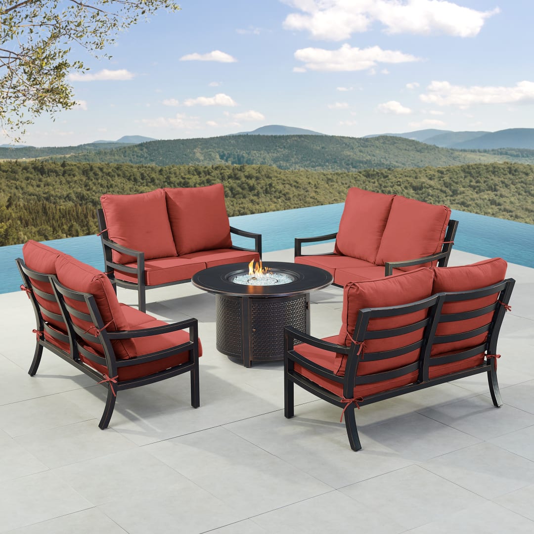 Black Aluminum Patio Fire Table Set with Four Deep Seating Loveseat with Cushions