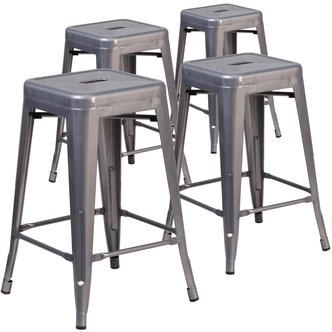 Lincoln 4 Pack 24'' High Backless Silver Antique Finish with Clear Coat Metal Indoor Counter Height Stool with Square Seat