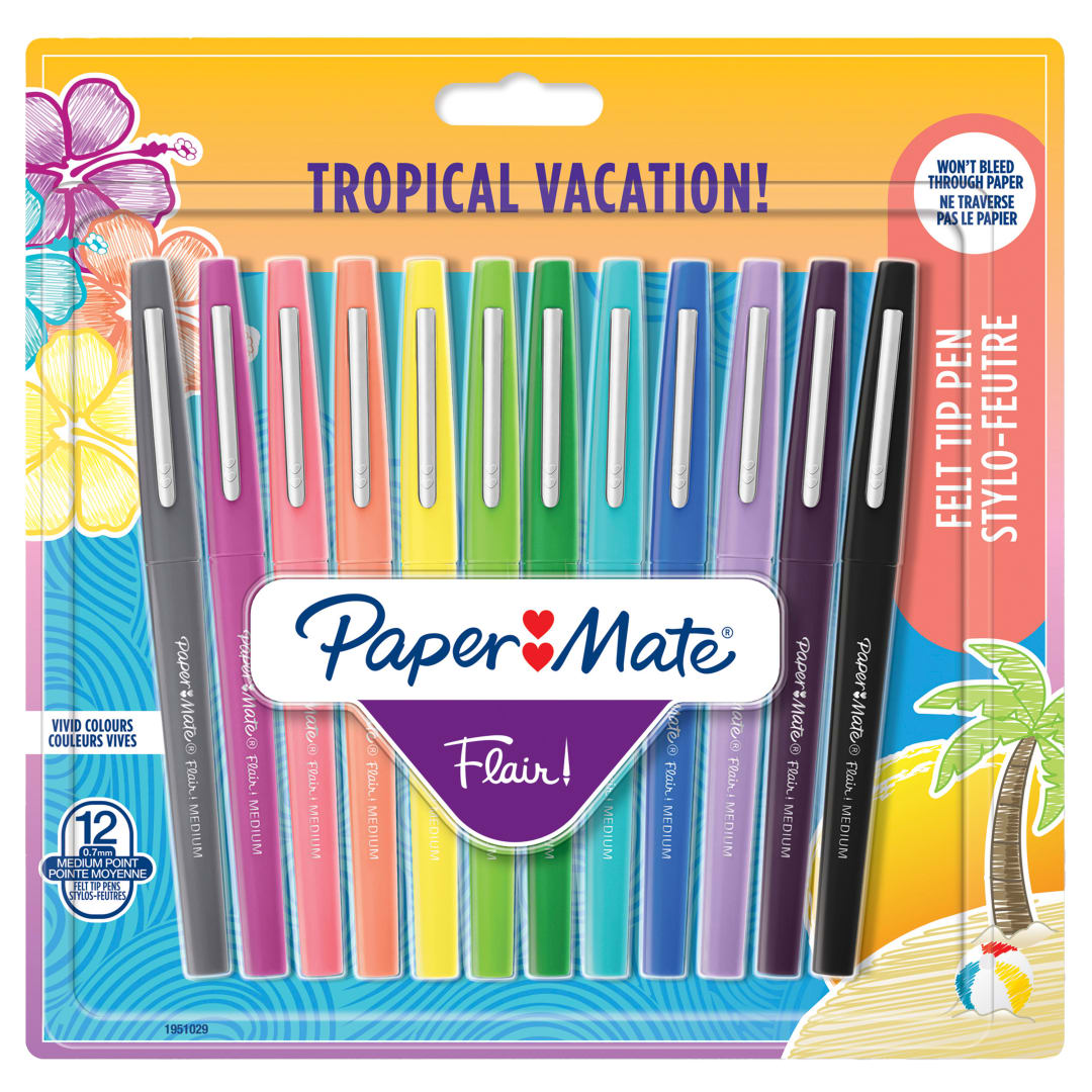 Paper Mate® Flair Felt Tip Pens | Medium Point (0.7 mm) | Assorted Tropical Vacation Colours | 12 Count