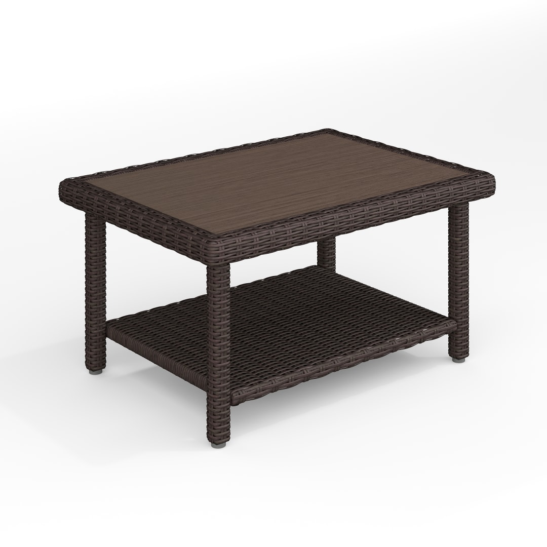Bedford Indoor-Outdoor Patio Coffee Table with Lower Storage Shelf and Engineered Wood Top in Brown Rattan Wicker