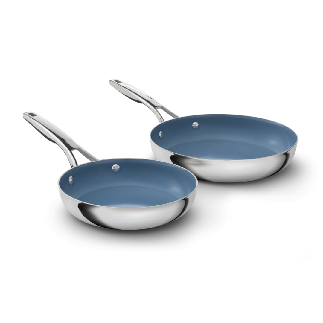 Calphalon Premier Ceramic Nonstick 8 inch and 10 inch Stainless Steel Frying Pan Set, Induction Ready Pans for Searing, Sauteing, Durable PFAS-Free Cookware, Dishwasher Safe, Macaron