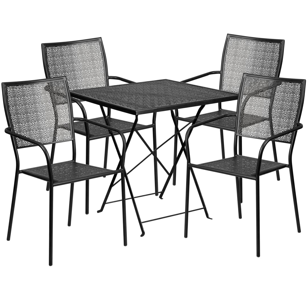 Oia Commercial Grade 28" Square Black Indoor-Outdoor Steel Folding Patio Table Set with 4 Square Back Chairs
