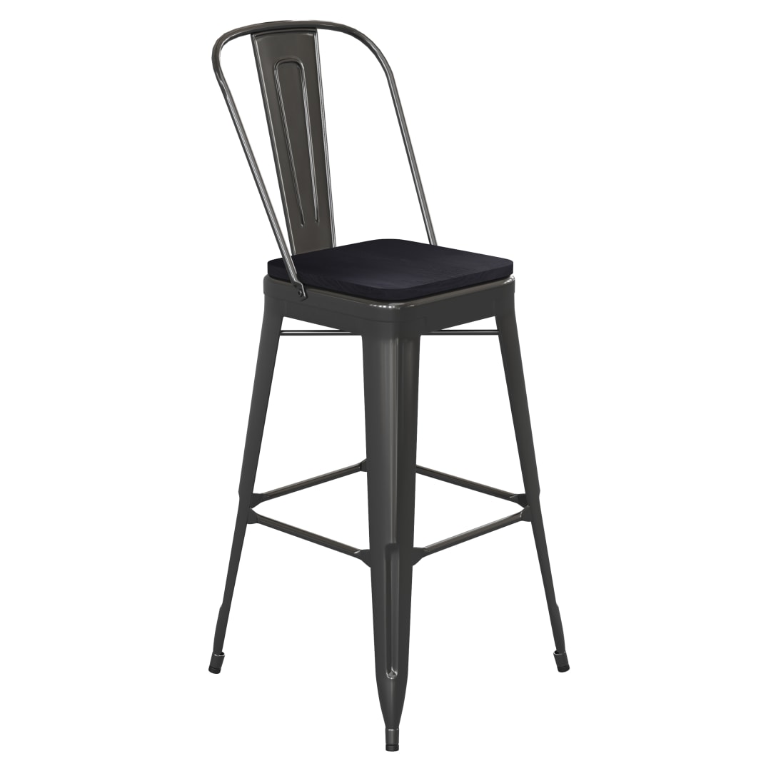 Kai Commercial Grade 30" High Black Metal Indoor-Outdoor Bar Height Stool with Removable Back and Black All-Weather Poly Resin Seat