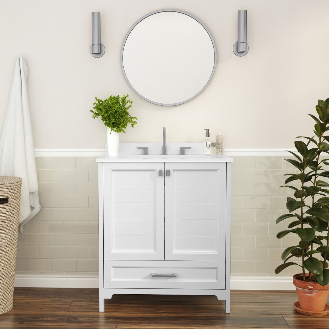 Haven 30 Inch Bathroom Vanity with Sink, Storage Cabinet with Soft Close Doors and Bottom Drawer, Carrara Marble Finish Countertop, White