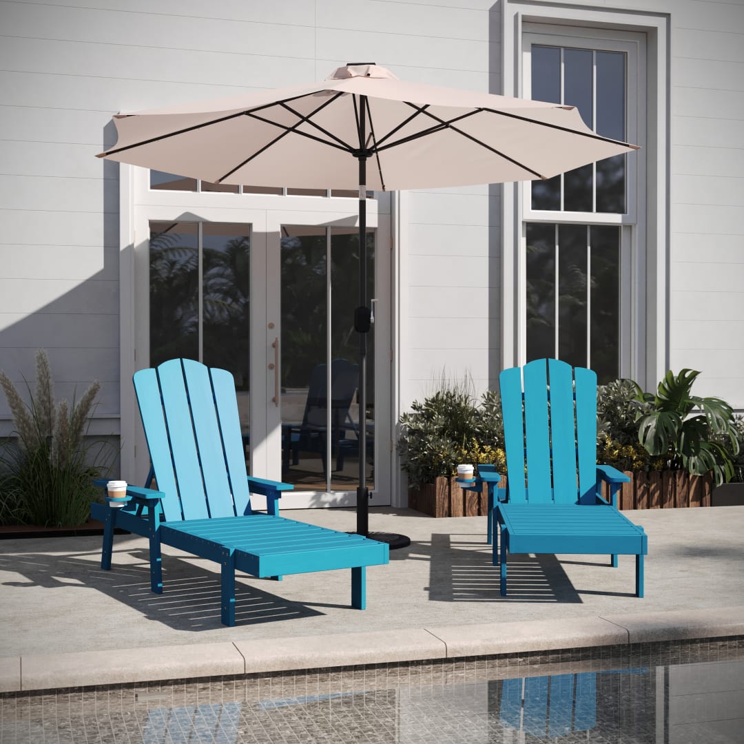 Sonora Set of 2 Commercial Grade Adjustable Adirondack Loungers with Cup Holder, All-Weather Indoor/Outdoor Recycled HDPE Lounge Chair in Blue