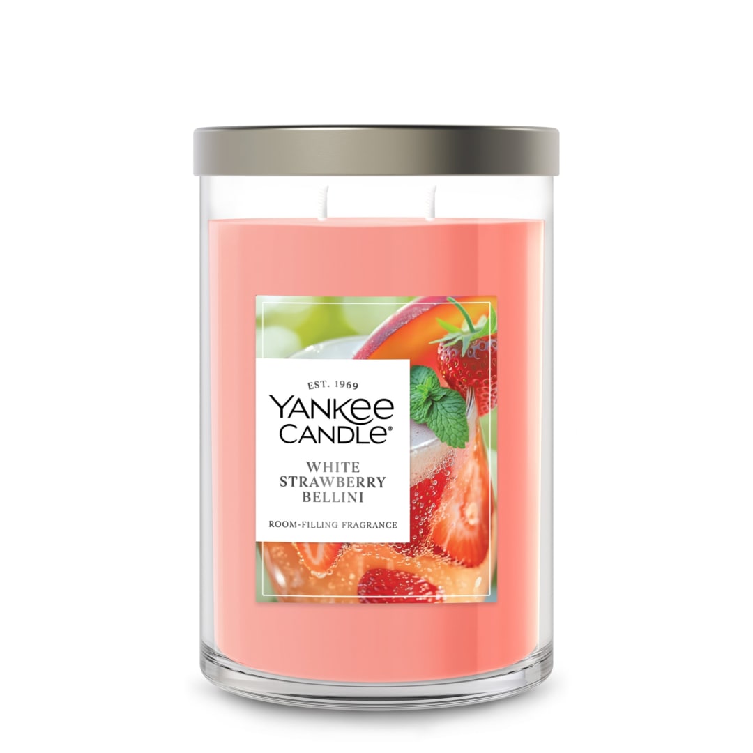 Yankee Candle® Large Tumbler Scented Candle with up to 80 Hour Burn Time, Premium Plant Wax Blend for Consistent Burn, 20 oz Tumbler Candle with Room Filling Fragrance, White Strawberry Bellini