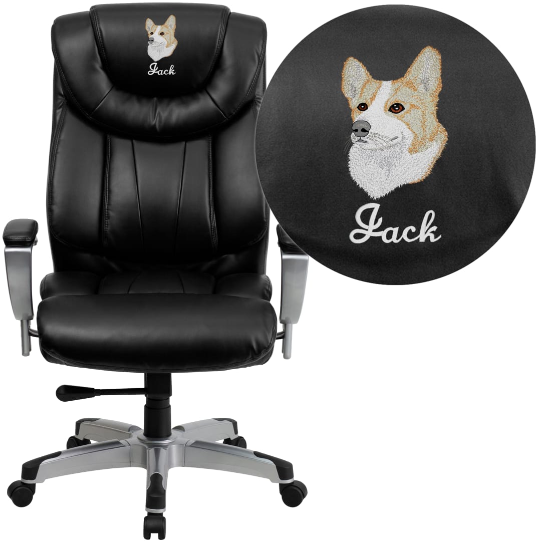 Embroidered HERCULES Series Big &amp; Tall 400 lb. Rated Black LeatherSoft Ergonomic Office Chair with Silver Arms