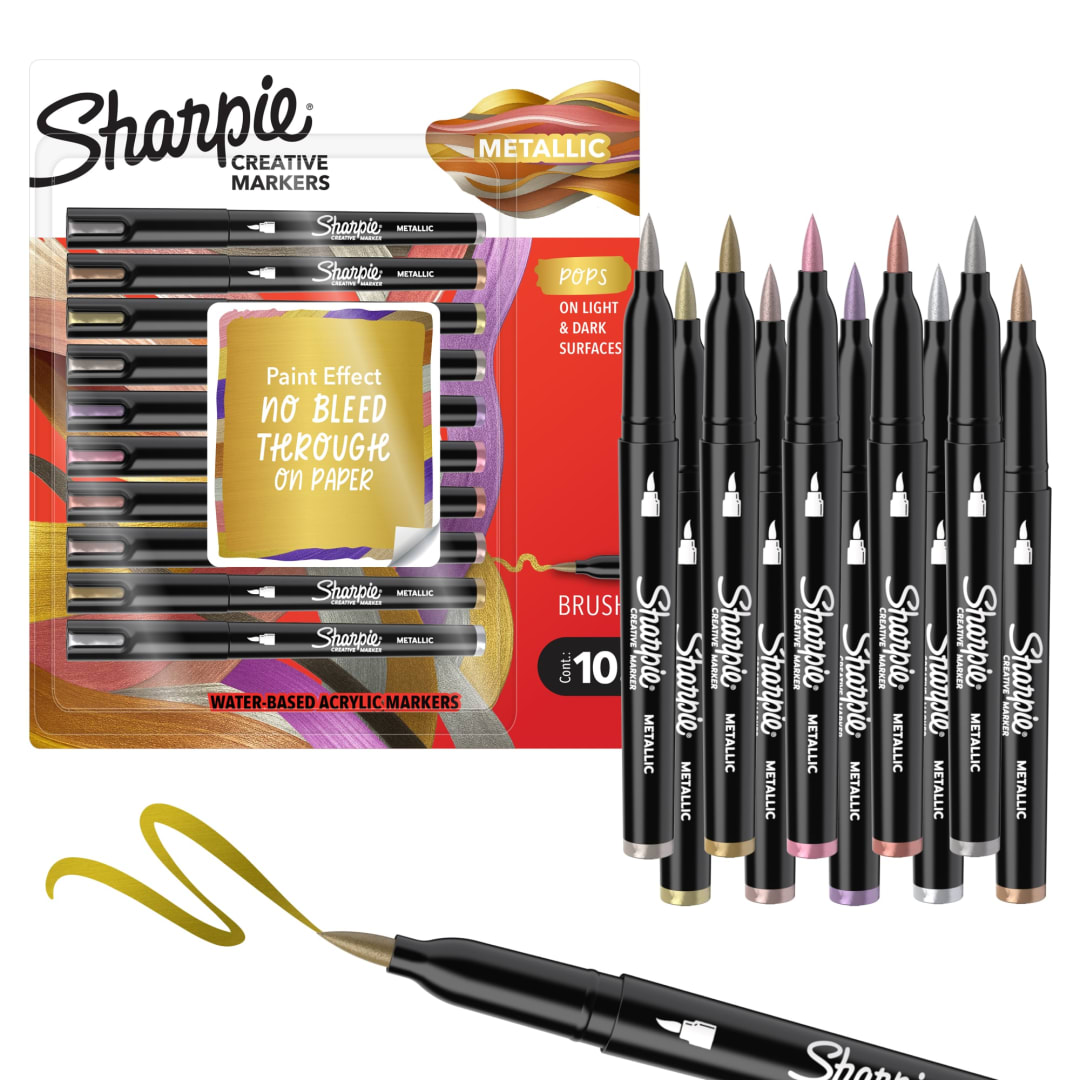 Sharpie Creative Markers, Metallic Markers, Water-Based Acrylic Markers, Brush Tip, Assorted, 10 Count
