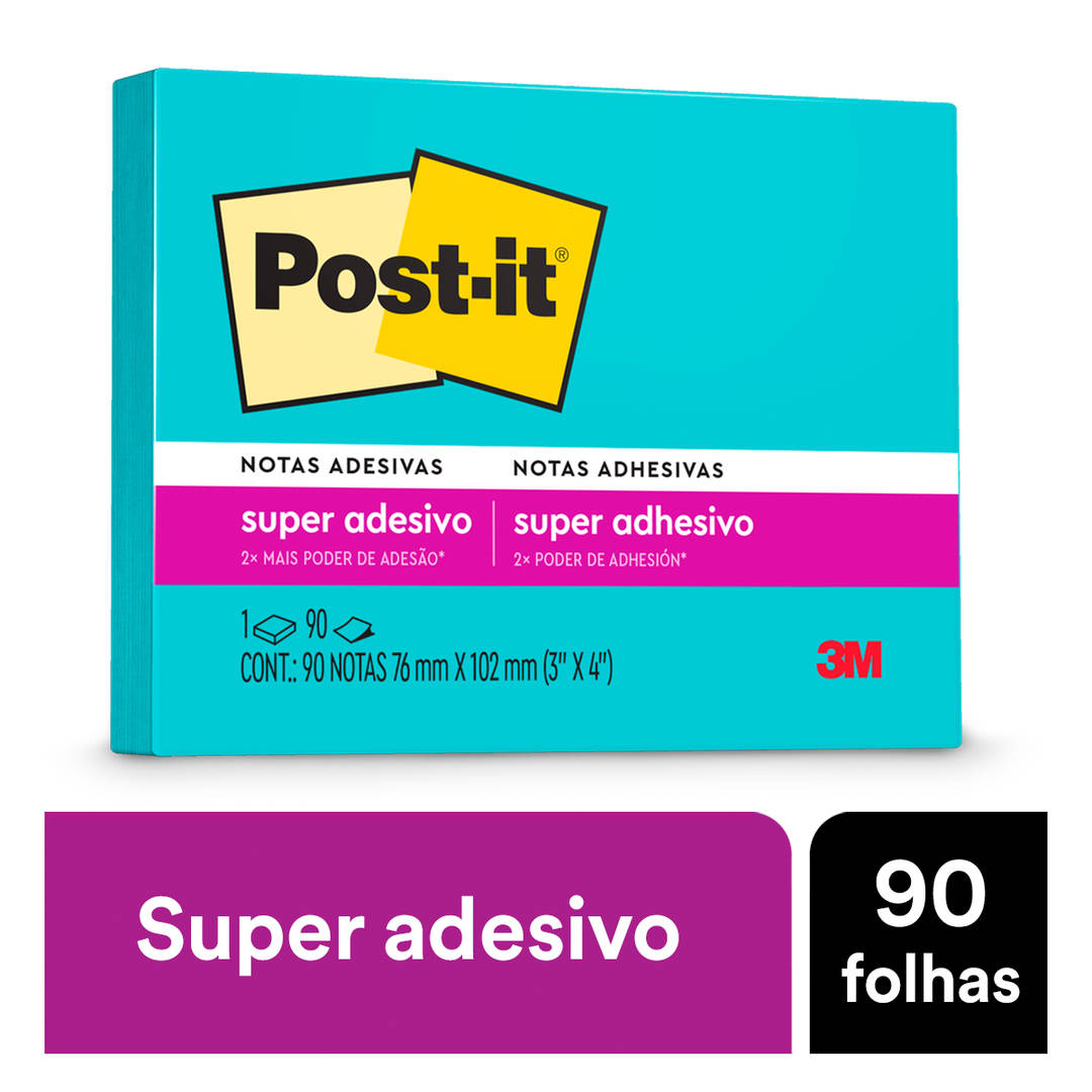 Bloco de Notas Super Adesivas Post-it®, Azul Elétrico, 76 mm x 102 mm, 90 Folhas