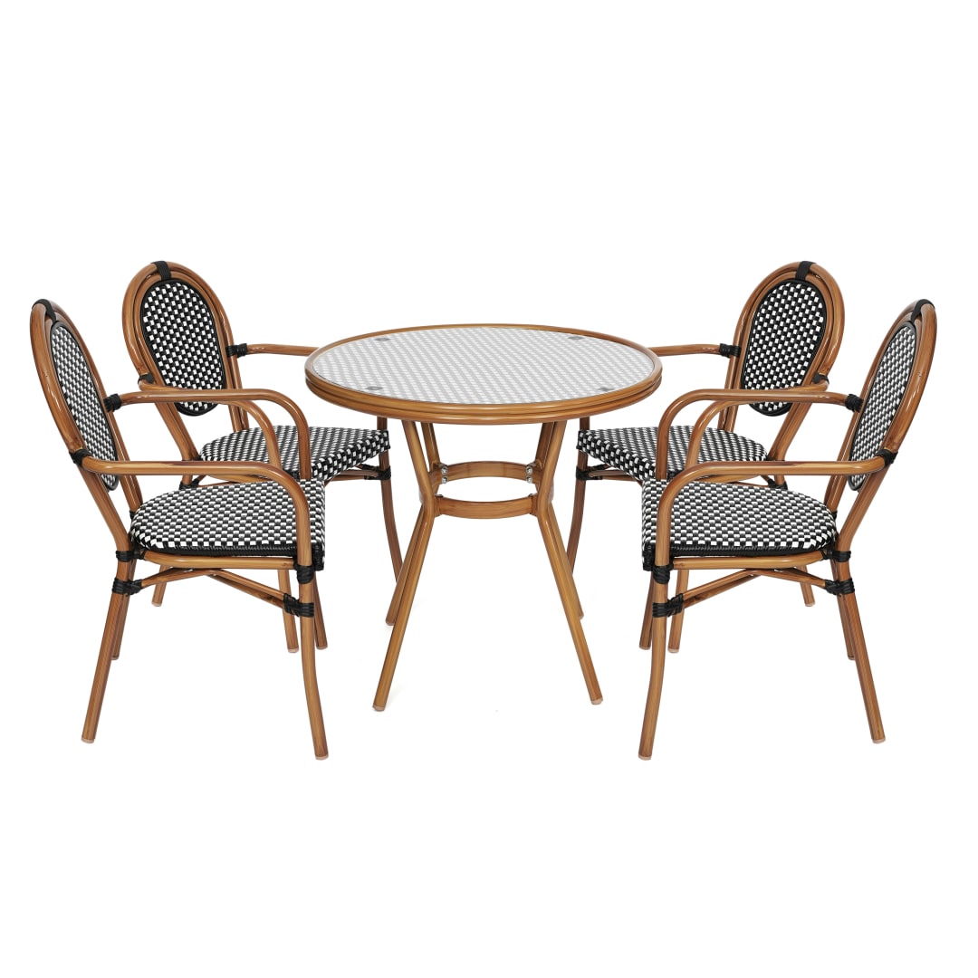 Lourdes Indoor/Outdoor Commercial Bistro 31.5" Table, Black and White PE Rattan, Glass Top with 4 Stack Chairs