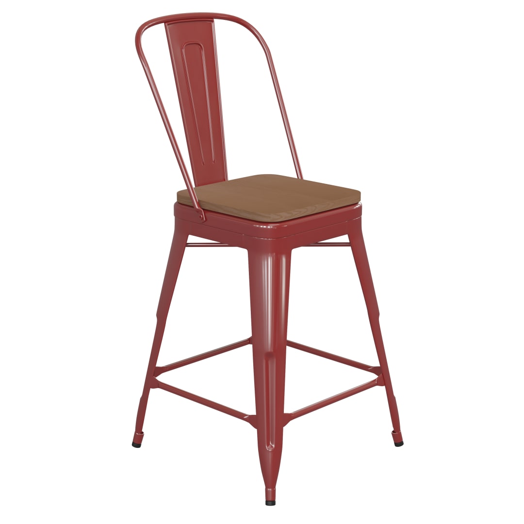 Kai Commercial Grade 24" High Red Metal Indoor-Outdoor Counter Height Stool with Removable Back and Teak All-Weather Poly Resin Seat