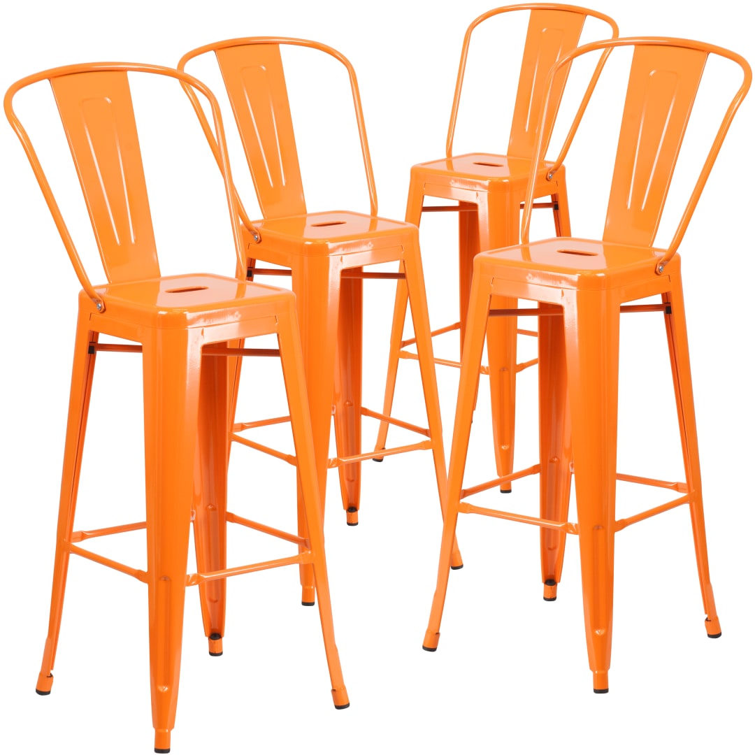 Lily Commercial Grade 4 Pack 30" High Orange Metal Indoor-Outdoor Barstool with Removable Back