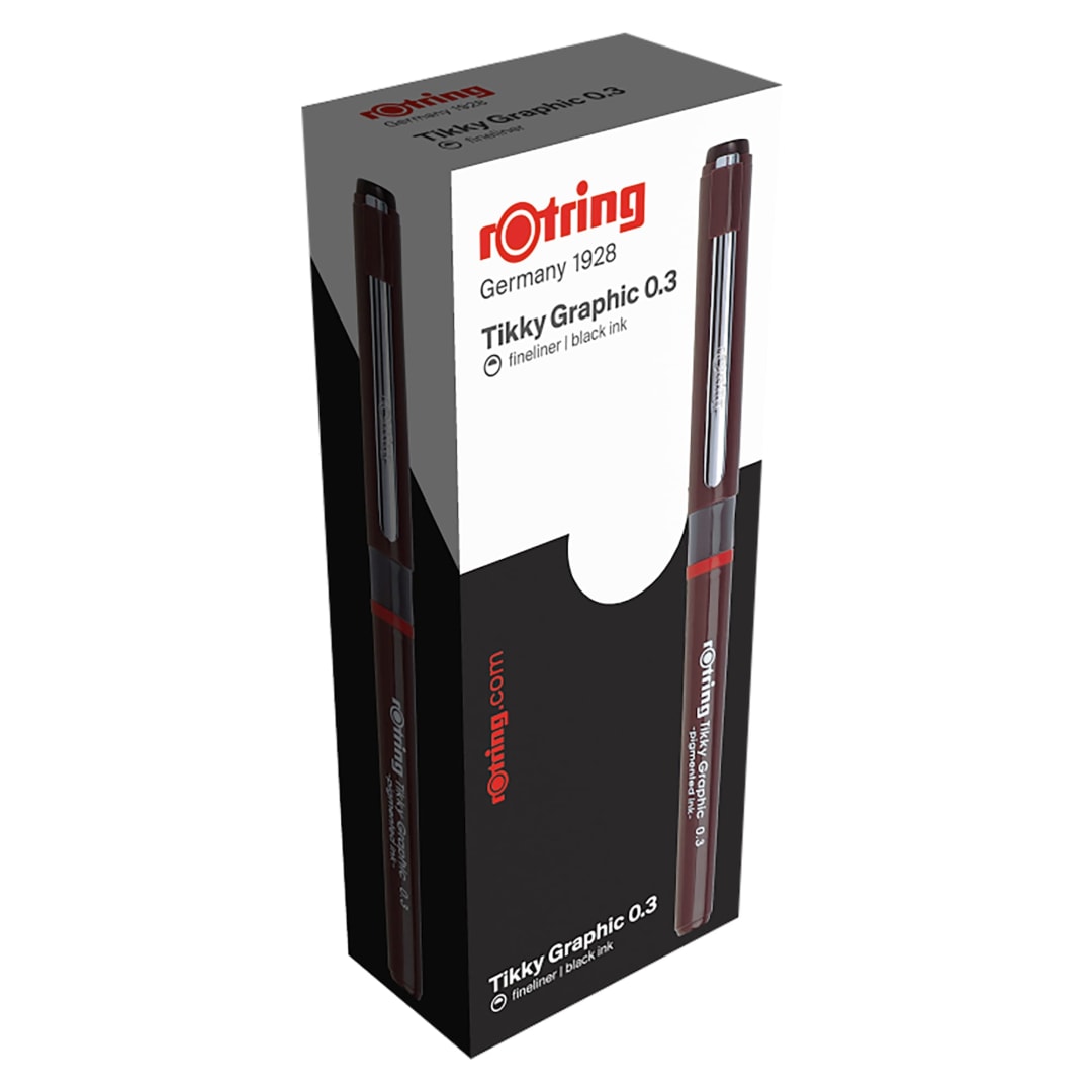 rOtring Tikky Graphic Fibre Tip Pen | 0.30 mm | Black Ink | Burgundy Barrels | Box of 12