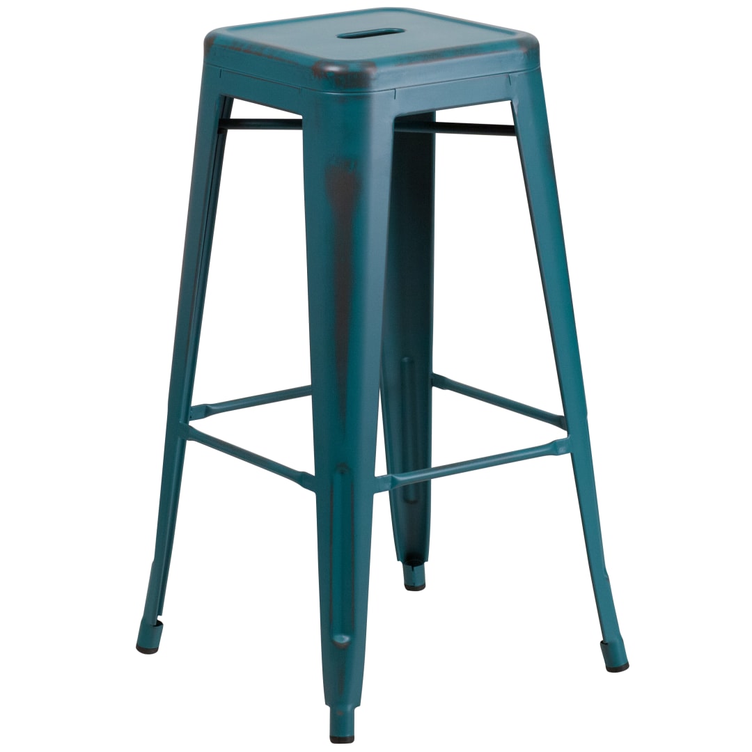 Kai Commercial Grade 30" High Backless Distressed Kelly Blue-Teal Metal Indoor-Outdoor Barstool