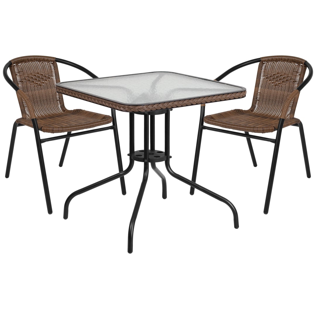 Lila 28'' Square Glass Metal Table with Dark Brown Rattan Edging and 2 Dark Brown Rattan Stack Chairs