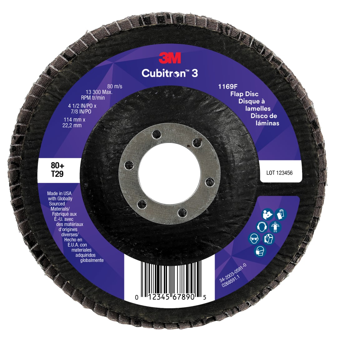 Disco Flap 3M™ Cubitron™ 3 1169F, 80+, T29-Cônico, 114,3 mm x 22,23 mm, 10 unidades/caixa
