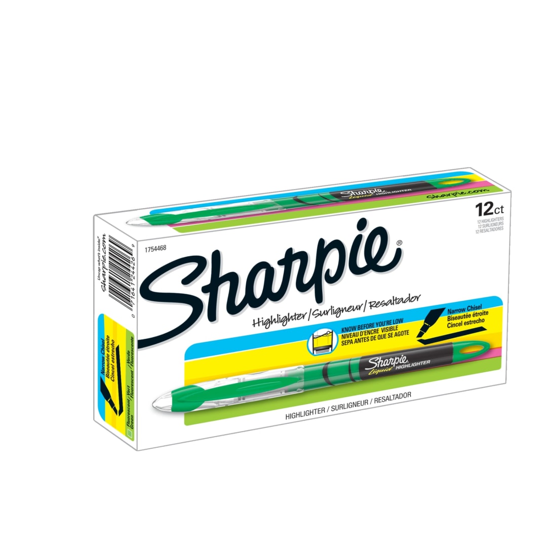 Sharpie® Liquid Highlighters, Chisel Tip, Fluorescent Green, Box of 12