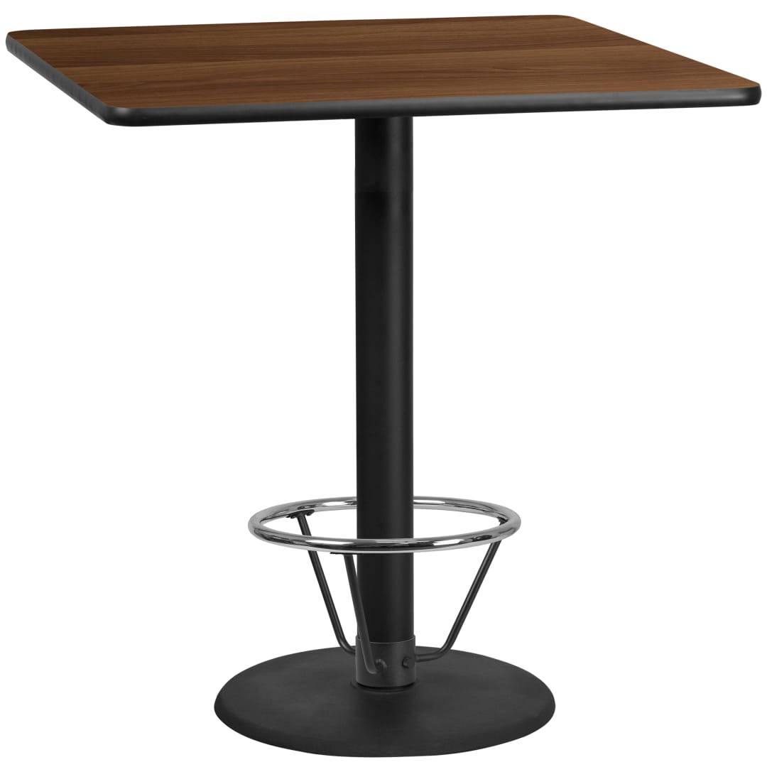 Stiles 42'' Square Walnut Laminate Table Top with 24'' Round Bar Height Table Base and Foot Ring
