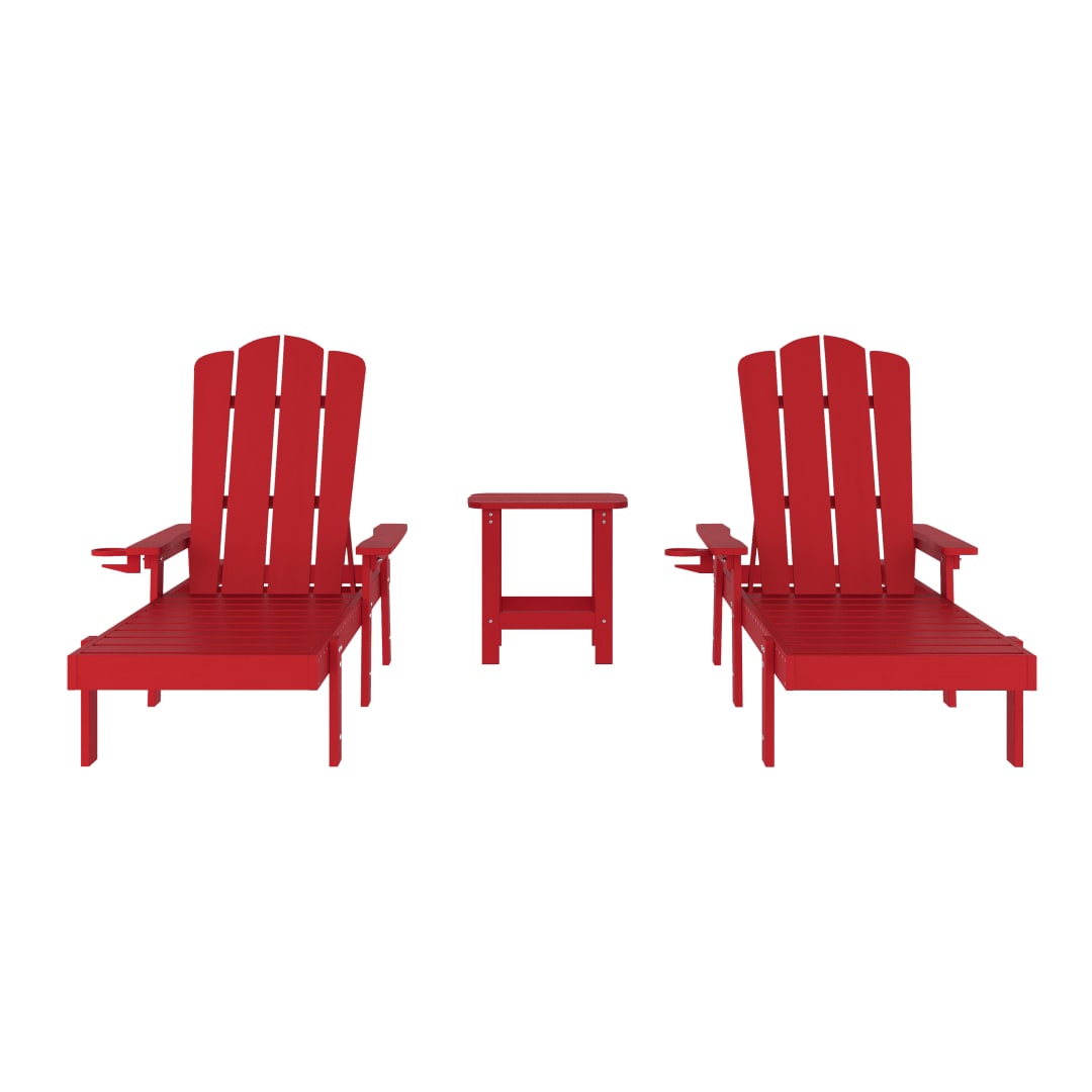 Sonora Commercial Grade 3 Piece Indoor/Outdoor Adirondack Set with 2 Adjustable HDPE Loungers with Cup Holders and 2-Tier Side Table in Red