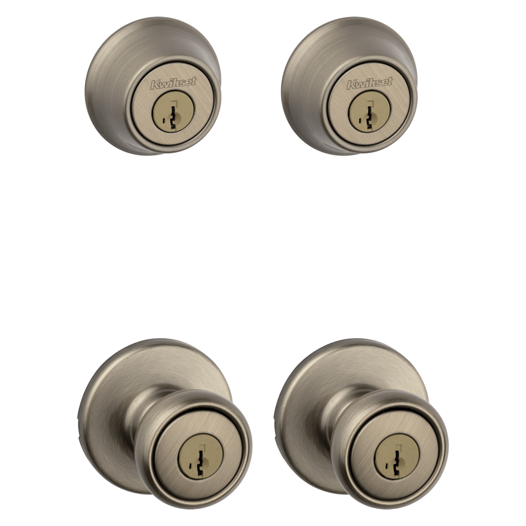 242 Tylo Keyed Entry Knob and Single Cylinder Deadbolt Project Pack featuring SmartKey Security™ in Antique Brass