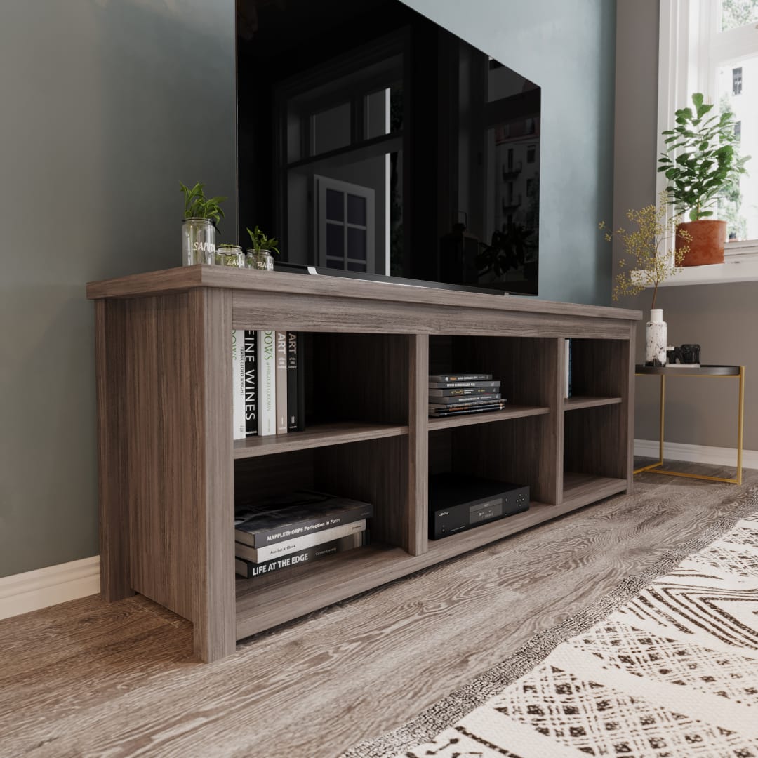 Kilead Farmhouse TV Stand up to 80" TVs - 65" Engineered Wood Framed Media Console with Open Storage in Gray Wash Oak Finish