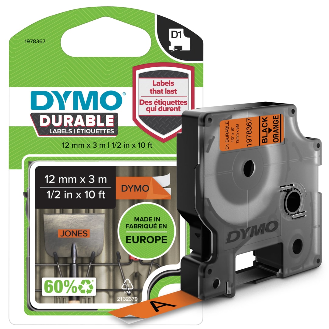 DYMO® D1 Durable Labeling Tape for LabelManager Label Makers, Black Print on Orange Tape, 1/2" W x 10' L, 1 Cartridge