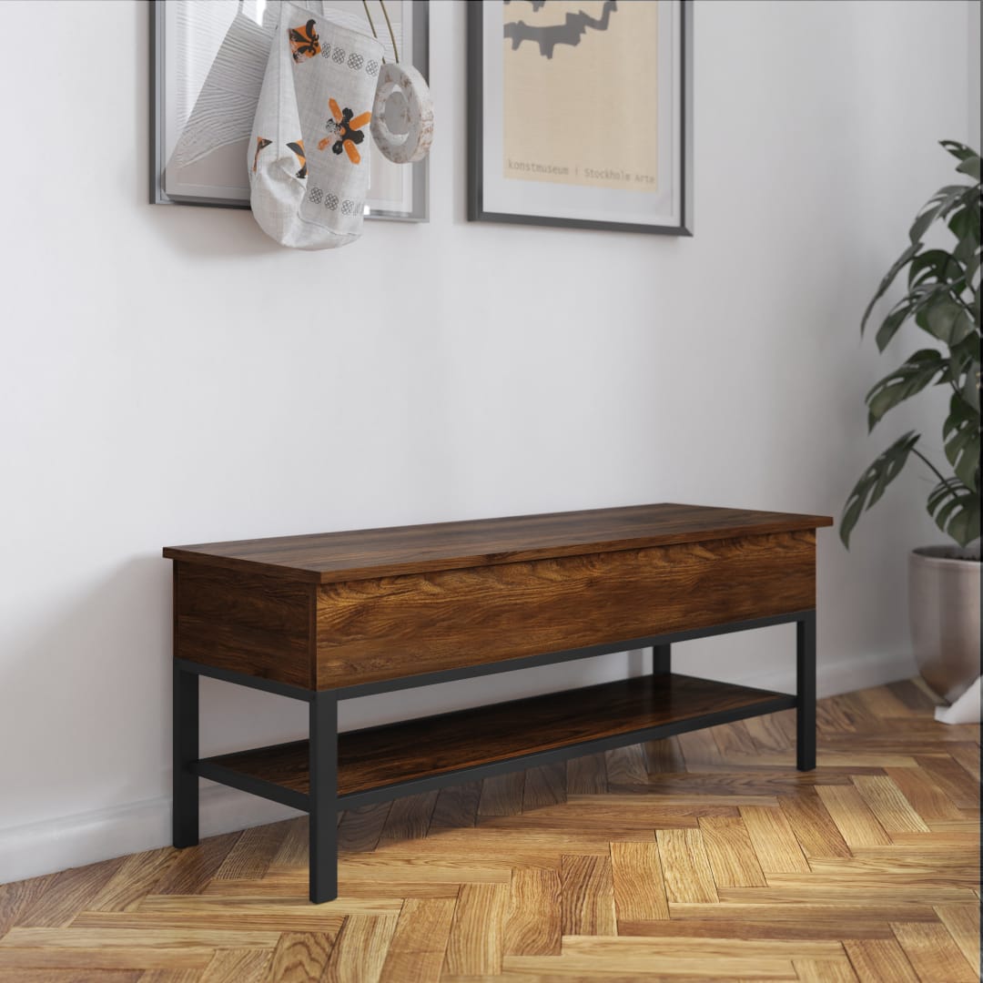 Wyatt Farmhouse Entryway Storage Bench with Lower Shelf Perfect for Entryway, Mudroom, or Bedroom in Walnut