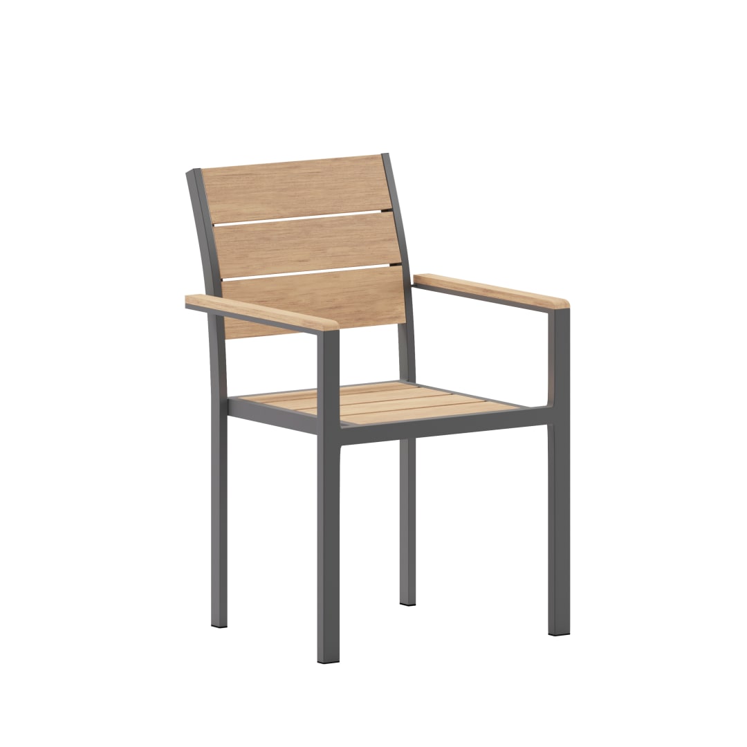 Finch Commercial Grade Patio Chair with Arms, Stackable Side Chair with Faux Teak Poly Slats and Metal Frame, Natural/Gray