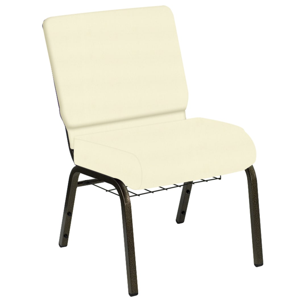 Embroidered HERCULES Series 21''W Church Chair in E-Z Off White Vinyl with Book Rack - Gold Vein Frame