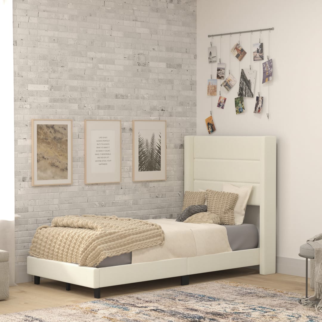 Hollis Twin Upholstered Platform Bed with Wingback Headboard, Mattress Foundation with Slatted Supports, No Box Spring Needed, Beige Faux Linen