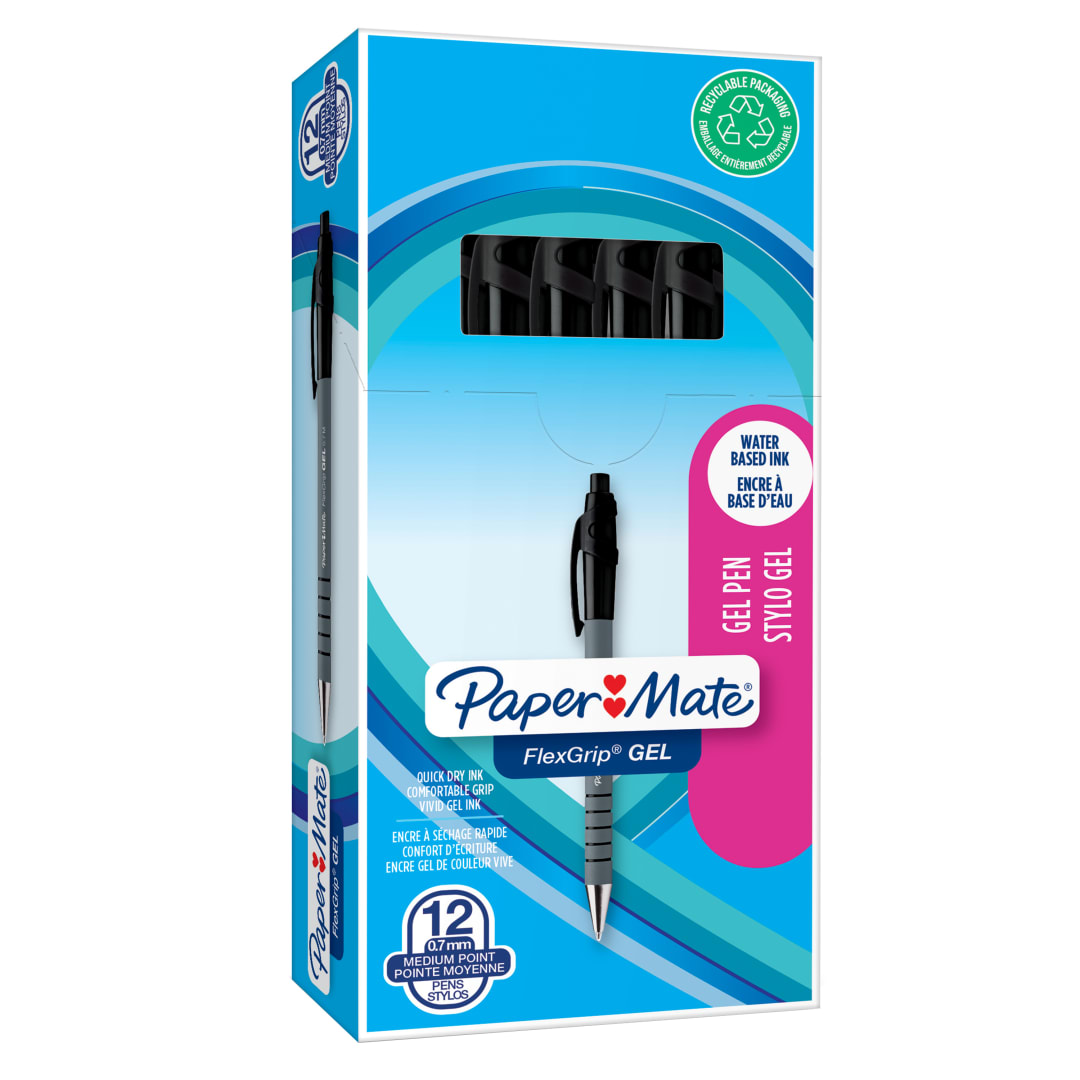 Paper Mate FlexGrip bolígrafos de gel | 0,7 mm | Tinta negra | 12 unidades