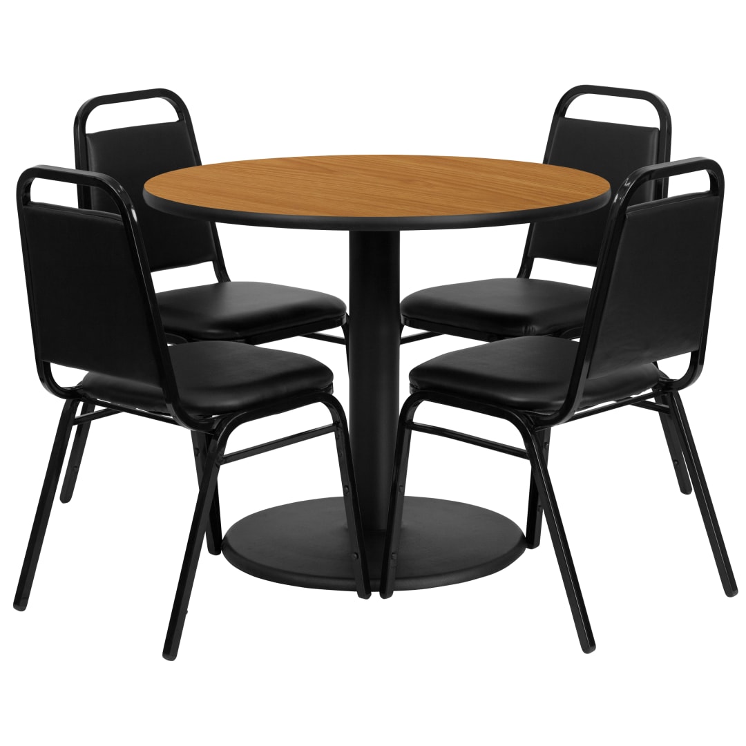 Jamie 36'' Round Natural Laminate Table Set with Round Base and 4 Black Trapezoidal Back Banquet Chairs