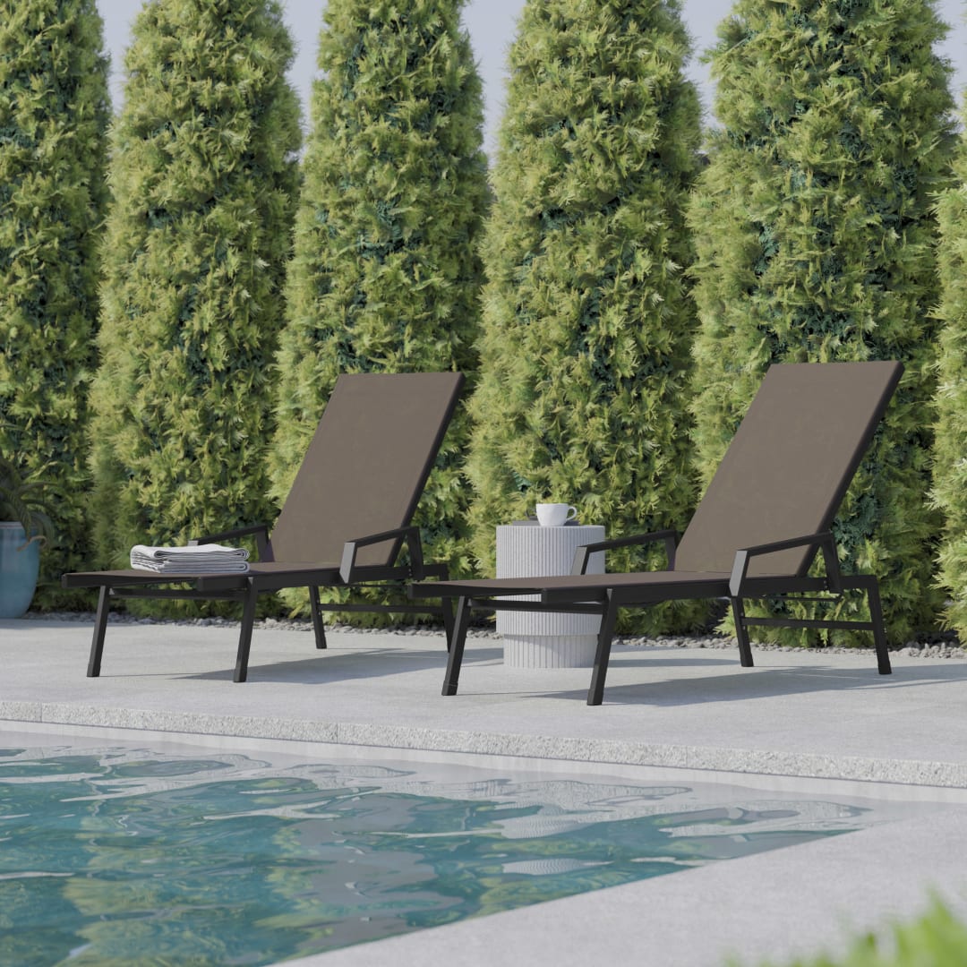Brazos Set of 2 Adjustable Chaise Lounge Chairs with Arms, All-Weather Outdoor Five-Position Recliners, Black/Brown