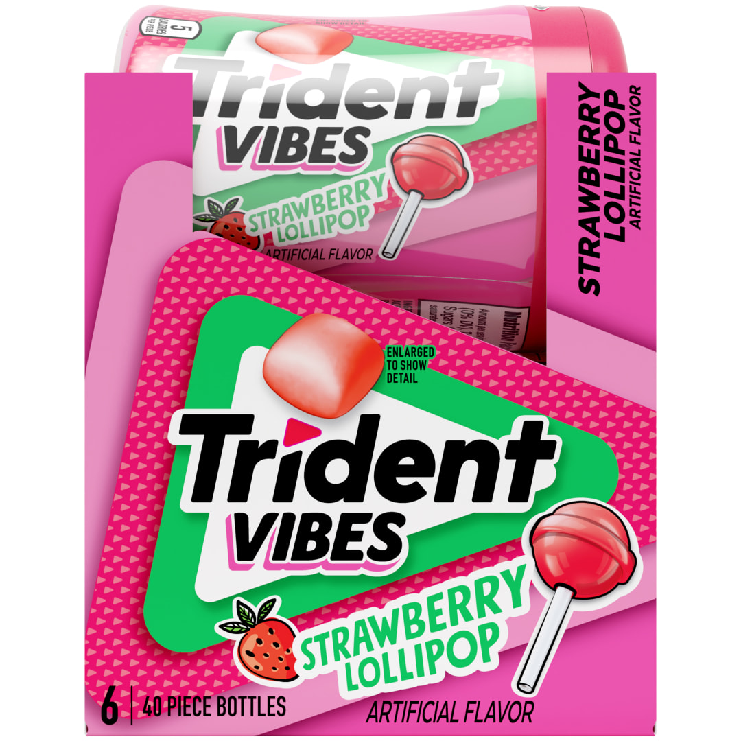 Trident Vibes Sugar Free Chewing Gum Strawberry Lollipop 40 pc Bottles - 6 Pack