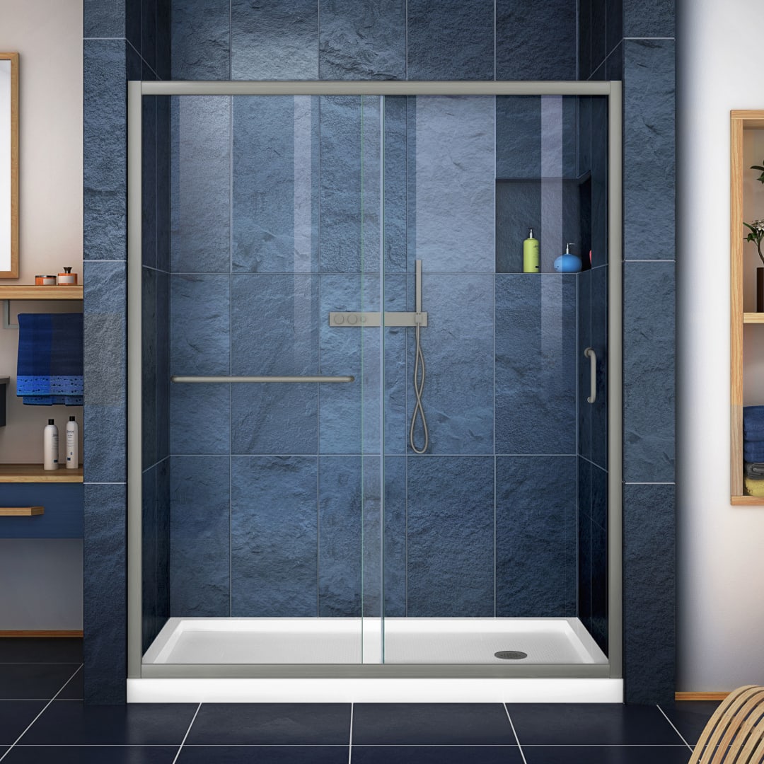DreamLine Infinity-Z 30 inch D x 60 inch W x 74 3/4 inch H Semi-Frameless Sliding Clear Shower Door in Brushed Nickel with Right Drain White Shower Base Kit