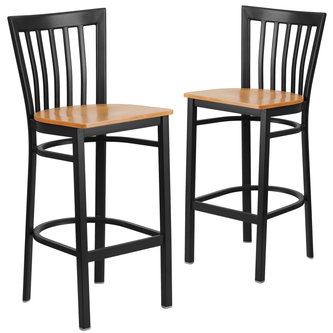 2 Pk. HERCULES Series Black School House Back Metal Restaurant Barstool - Natural Wood Seat
