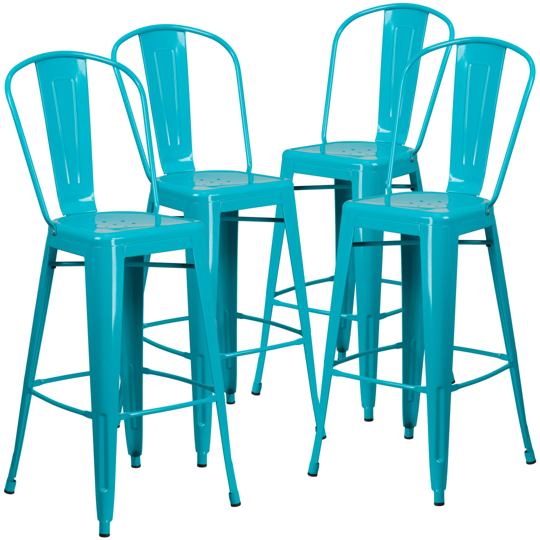 Blake Commercial Grade 4 Pack 30" High Crystal Teal-Blue Metal Indoor-Outdoor Barstool with Back