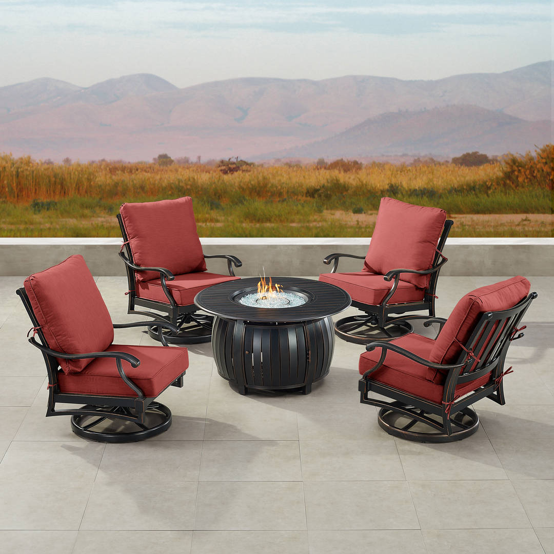 Black Aluminum Patio Fire Table Set with Four Club Chairs