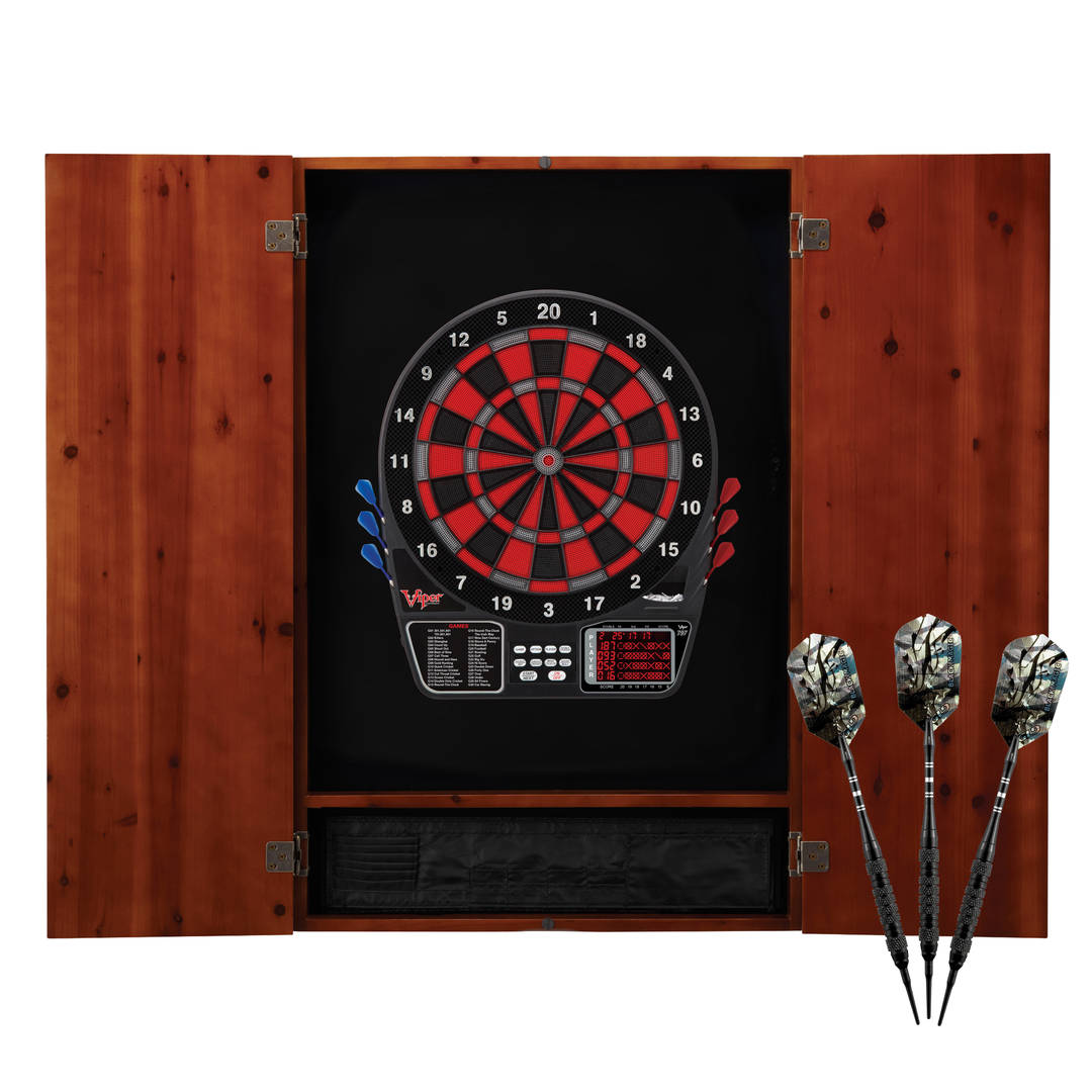Viper Metropolitan Electronic Soft Tip Dartboard and Cabinet Bundle: Deluxe Set (797 Dartboard and Darts), Cinnamon Finish
