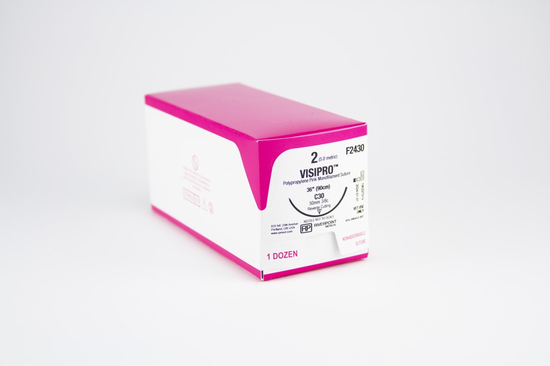 VisiPro PP Large Animal Suture, USP 2 with 50mm C30 Reverse Cutting 3/8 Circle Needle, Fluorescent Pink, 90cm, Sterile