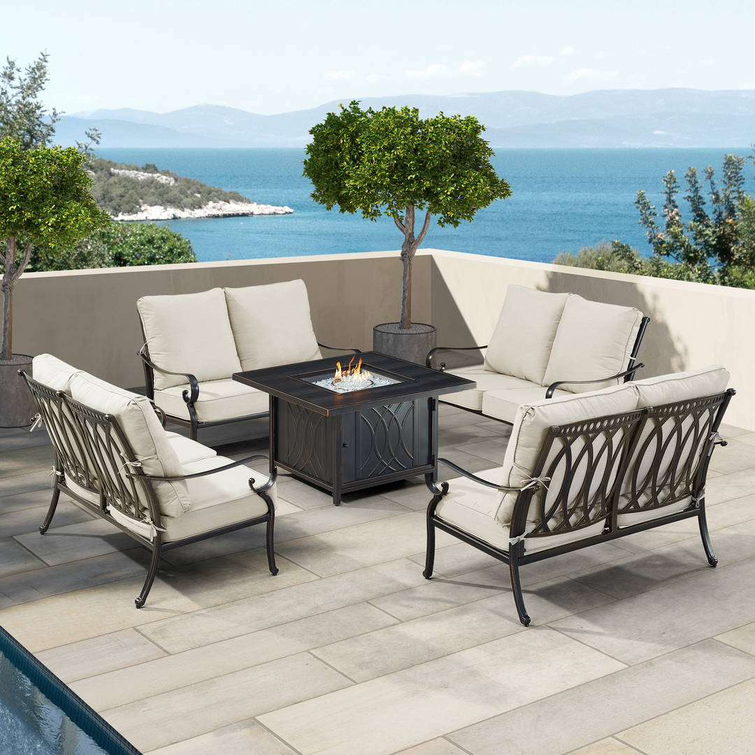 Black Aluminum Patio Fire Table Set with Four Deep Seating Loveseat with Cushions