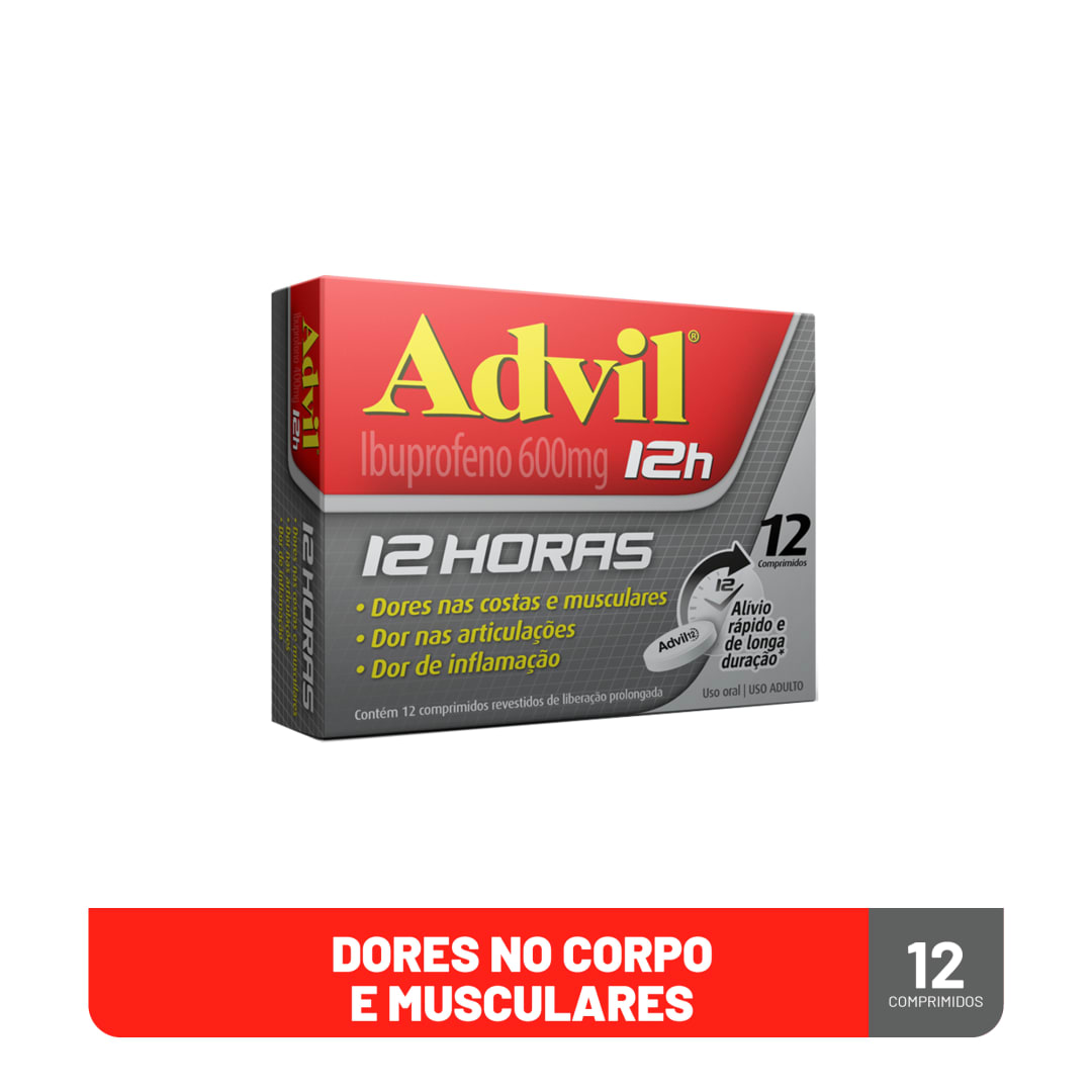 Advil 12h Analgésico com Ibuprofeno 600mg Alívio da Dor Muscular 12 Comprimidos