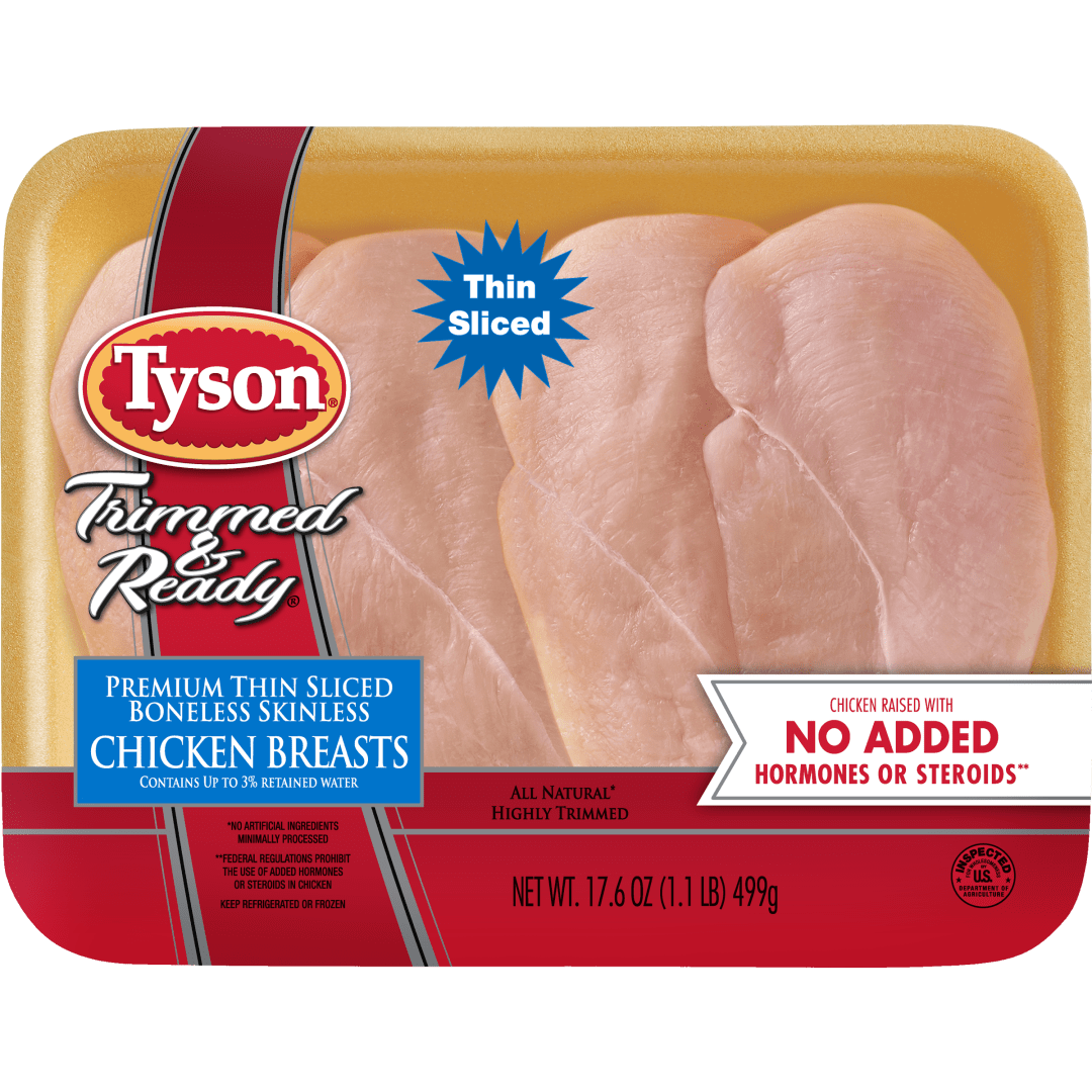 Tyson All Natural Fresh Thin Sliced Boneless Skinless Chicken Breasts with Rib Meat, 1.1 lb.