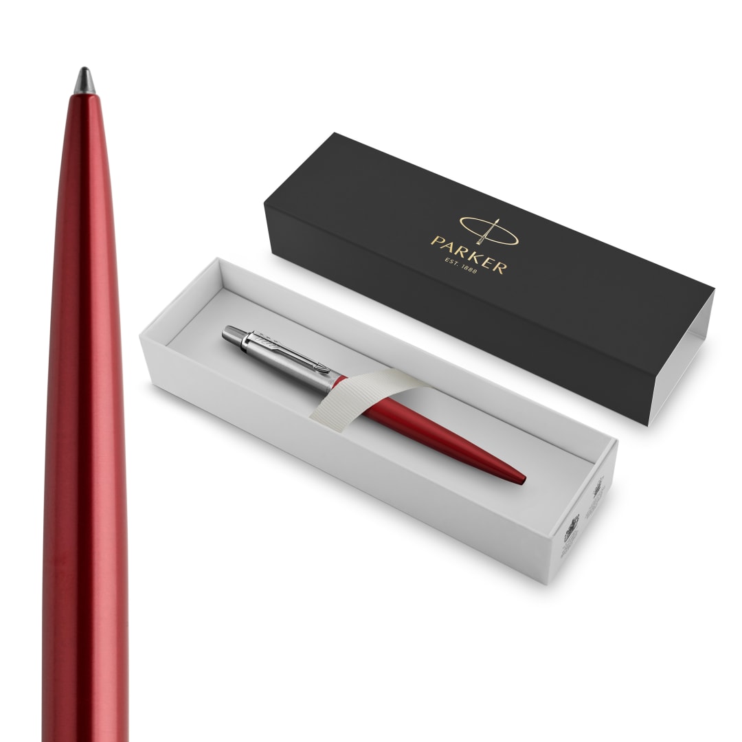 Parker Jotter Bolígrafo, Rojo (Kensington Red), Punta Mediana Con Recambio De Tinta Azul, En Estuche De Regalo