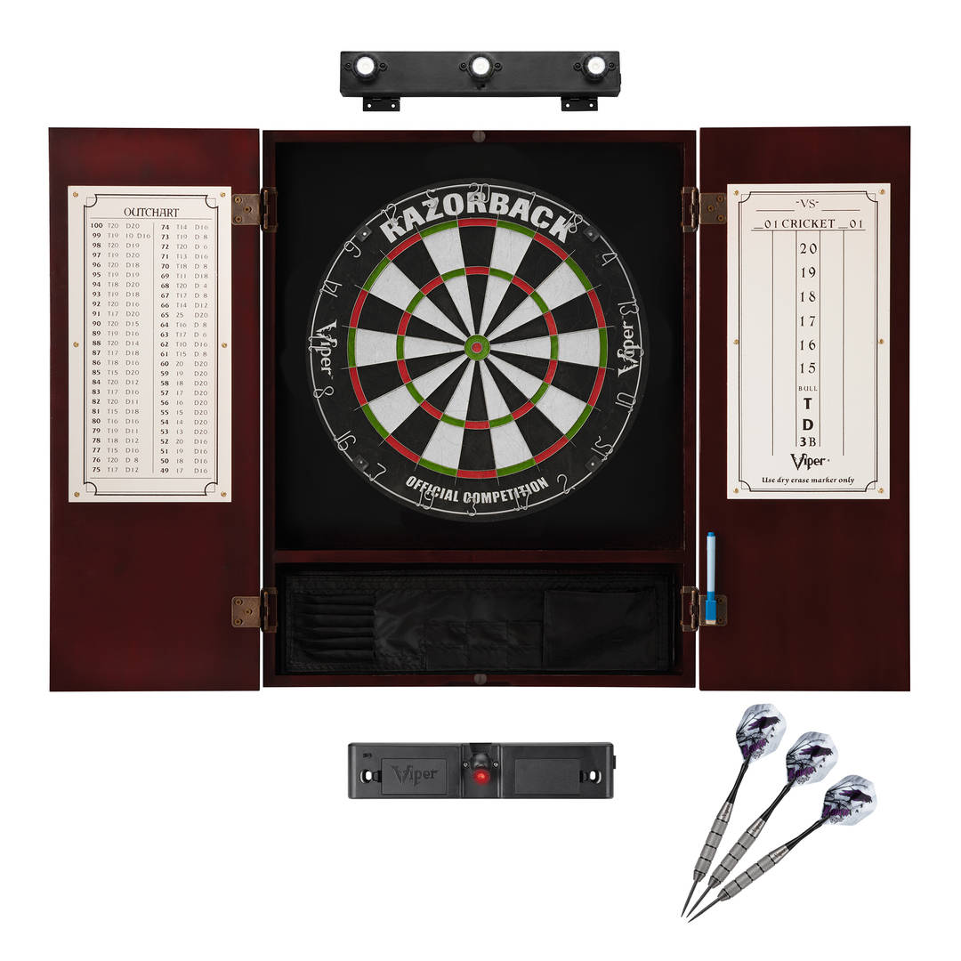 Viper Razorback Sisal Dartboard, Metropolitan Mahogany Cabinet, Shadow Buster Dartboard Lights & Throw Line Light Marker