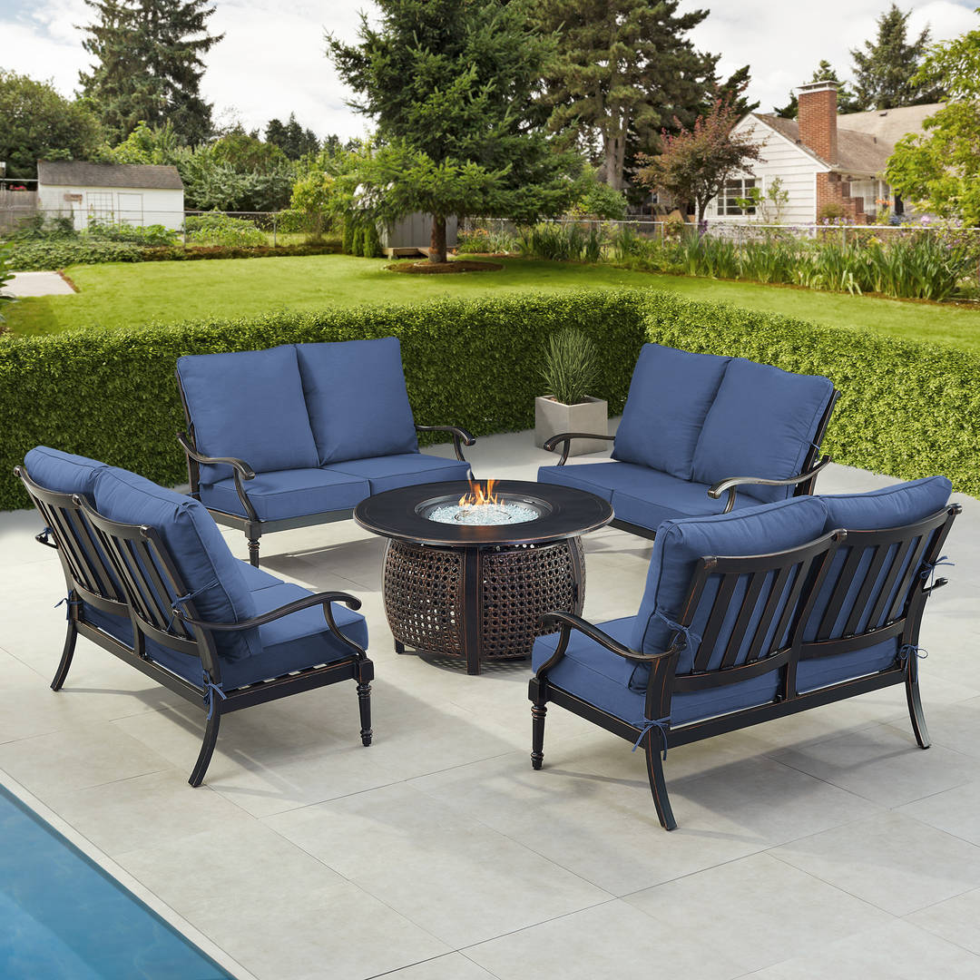Black Aluminum Patio Fire Table Set with Four Deep Seating Loveseat with Cushions