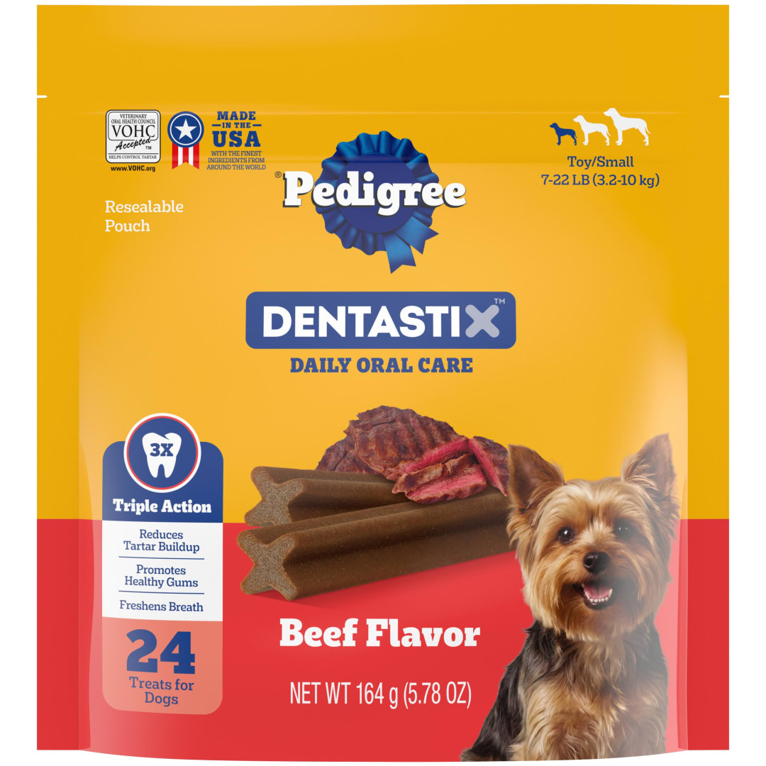 PEDIGREE DENTASTIX Toy/Small Dog Dental Treats Beef Flavor Dental Bones,5.78 oz. Pack (24 Treats)