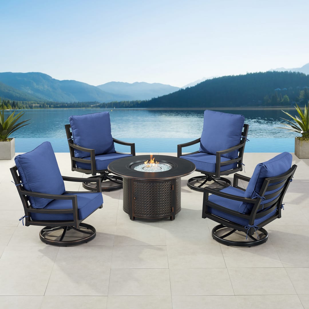 Black Aluminum Patio Fire Table Set with Four Club Chairs