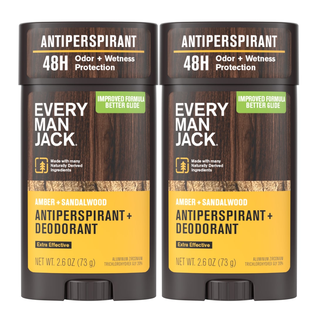 Every Man Jack Men’s Amber + Sandalwood Antiperspirant Deodorant – New & Improved Formula – 48-Hour Odor & Sweat Defense– 2.6 oz (2 Pack)