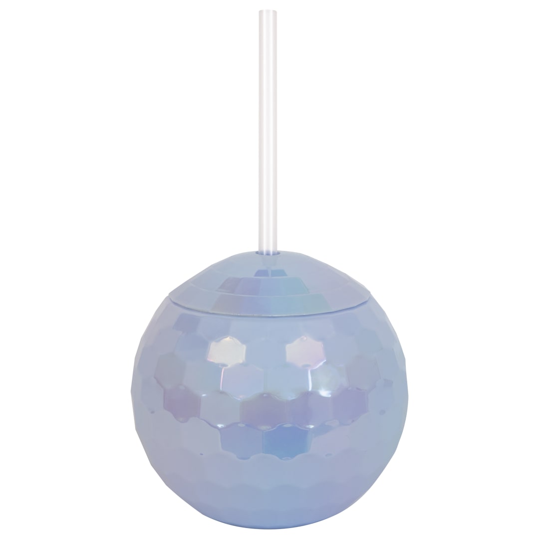 Iridescent Disco Ball Shaped 19.5oz Reusable Plastic Cup with Straw